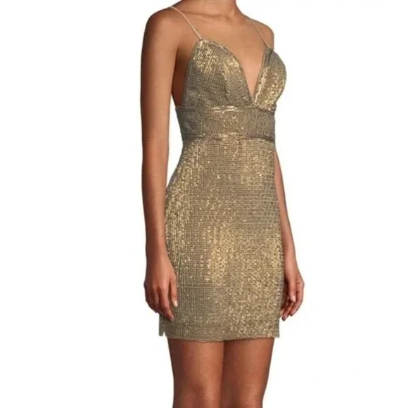 NEW FREE PEOPLE X SAYLOR Sz X-Small FRANKIE SEQUIN MESH MINI SLIP DRESS Gold - Picture 12 of 13